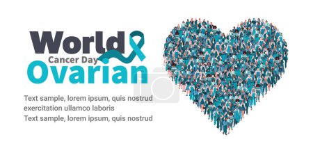 Illustration for Large group of people in the shape of a teal color heart. World Ovarian Cancer Day. Ovarian Cancer month, cervical cancer day. Medicine and Healthcare concept. Flat vector illustration isolated on white background. - Royalty Free Image