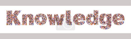 Illustration for Large group of people forming word Knowledge. Crowd of multicultural people standing together. Knowledge, science, school and university education and teaching concept. Modern vector illustration. - Royalty Free Image