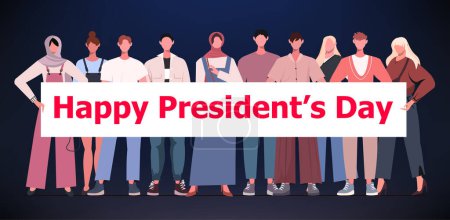 Illustration for A group of diverse people holding a poster that reads World Happy Presidents day. This is a holiday greeting card celebrating President's Day in the United States of America. Federal holiday in America. Vector isolated on dark blue background. - Royalty Free Image