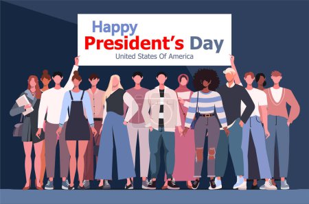 Téléchargez les illustrations : A group of modern men and women holding a poster that reads World Happy Presidents day United States Of America. People celebrate President's Day on February, a national holiday in the United States. Flat vector illustration. - en licence libre de droit