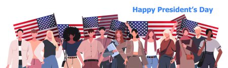 Illustration for Happy Presidents day in United States banner. A group of diverse people of different ethnicities stand side by side together waving the American national flags. American patriotic holiday. Flat vector illustration isolated on white background. - Royalty Free Image