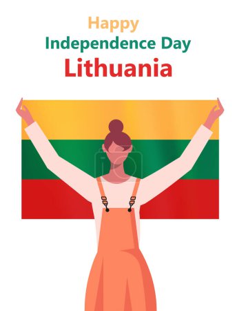 Téléchargez les illustrations : Une jeune femme moderne en tenue décontractée tient dans ses mains un drapeau lituanien. Joyeuse fête de l'indépendance de Lituanie. Affiche patriotique. Illustration vectorielle plate isolée sur fond blanc. - en licence libre de droit