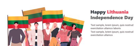Téléchargez les illustrations : Un groupe de gens modernes en vêtements décontractés célèbrent la fête de l'indépendance de la Lituanie tout en tenant des drapeaux lituaniens. Bannière pour carte de vœux, site web, affiche, présentation, flyer, site web, app. - en licence libre de droit