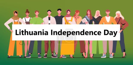 Téléchargez les illustrations : Un groupe de personnes diverses tenant une affiche qui lit le Jour de l'indépendance de la Lituanie. Ceci est une carte de vœux de vacances célébrant la fête de l'indépendance de la Lituanie. Illustration vectorielle plate isolée sur fond vert. - en licence libre de droit