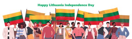 Illustration for Every year on and march 11th is the celebration of Lithuania Independence Day.  Lithuania patriotic holiday. A group of modern people in casual clothes with Lithuanian flags. - Royalty Free Image
