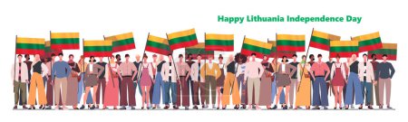 Illustration for A large group of young modern men and women stand together holding and waving Lithuanian flags. Happy Lithuania Independence Day. Holiday banner. Flat vector illustration isolated on white background. - Royalty Free Image