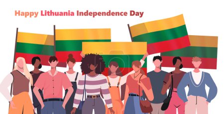 Téléchargez les illustrations : Joyeuse fête de l'indépendance de Lituanie. Divers groupes de personnes se tenant aux côtés des drapeaux de Lituanie. Femmes patriotiques un hommes célèbrent la fête nationale en Lituanie 11 mars. - en licence libre de droit