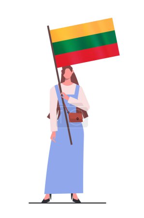 Illustration for Young modern woman in a blue dress holds a Lithuanian flag in her hands. Lithuanian flag. Flat vector illustration isolated on white background. - Royalty Free Image