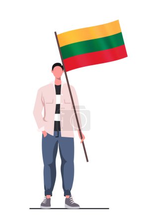 Illustration for Happy Lithuania Independence Day. A young modern man in casual clothes holds a Lithuanian flag. Flat vector illustration isolated on white background. - Royalty Free Image