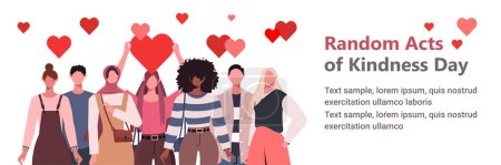 Illustration for On Random Acts of Kindness Day, a group of young, modern people with red hearts encourage acts of kindness. By starting with ourselves, we can inspire others to perform acts of kindness. Modern vector illustration. - Royalty Free Image