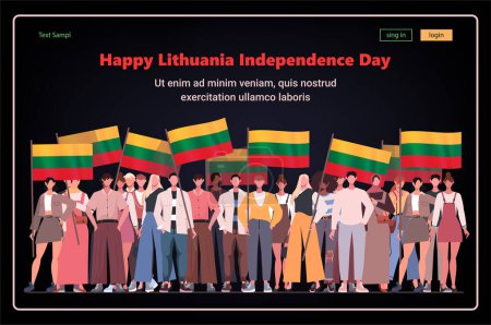 Illustration for A group of people of stand side by side together waving the Lithuania national flags. Happy Lithuania Independence Day. Modern concept of web page design for website and mobile website development. Vector illustration isolated on black background. - Royalty Free Image