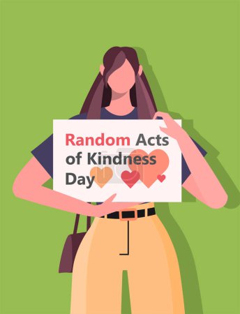 Illustration for A young woman in casual clothes holds a banner in her hands with the inscription Random Acts of Kindness Day. World altruistic holiday. Flat vector illustration isolated on green background. - Royalty Free Image