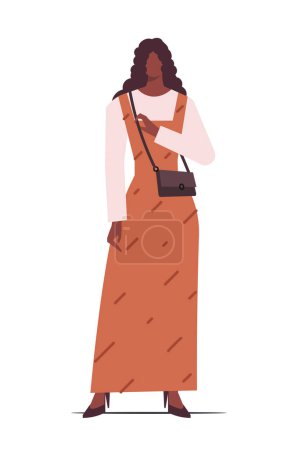 Illustration for Happy young African American woman wearing trendy casual clothing. Modern woman in a long sundress. Flat vector illustration isolated on white background. - Royalty Free Image