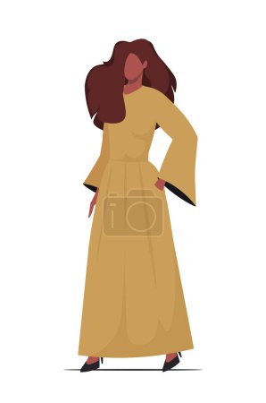 Illustration for Young stylish African American woman in fashionable summer outfit. Woman in a elegant mustard-colored dress. Flat vector illustration isolated on white background. - Royalty Free Image