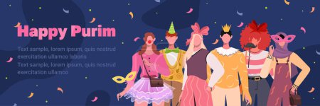 Illustration for Group of young modern people in masquerade costumes celebrating Purim. Banner for greeting card, website, poster, presentation, flyer, website, app. Flat vector illustration isolated on dark blue background. - Royalty Free Image