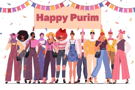 Illustration for A group of young individuals dressed in masquerade costumes are holding a poster that reads Happy Purim. Jewish holiday. The carnival is filled with colorful flying confetti against a white background. - Royalty Free Image