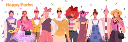 Illustration for Carnival party with group of young modern people in masquerade costumes and funny masquerade masks, flying confetti, flat vector illustration. The people are celebrating Purim. - Royalty Free Image
