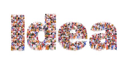 Téléchargez les illustrations : Large group of people forming word Idea. People came together to share an idea. Creative mind, brainstorm. Creativity, genius, new idea concept. Flat vector illustration isolated on white background. - en licence libre de droit