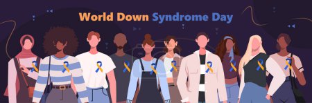 Cada año el 21 de marzo se celebra el Día Mundial del Síndrome de Down. Un grupo de hombres y mujeres modernos están de pie junto con cintas azules amarillas. Ilustración vectorial plana aislada sobre un fondo abstracto azul oscuro.
