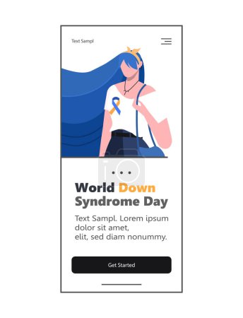Illustration for World Down Syndrome Day is celebrated on March 21st. Young woman with blue hair with a yellow blue ribbon on a yellow background. Web design and mobile template. Flat vector illustration isolated on white background. - Royalty Free Image