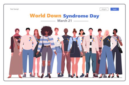 Ilustración de World Down Syndrome Day. Different people standing side by side with a yellow blue ribbons. Modern concept for website development, social media, template web. Vector isolated on white background. - Imagen libre de derechos