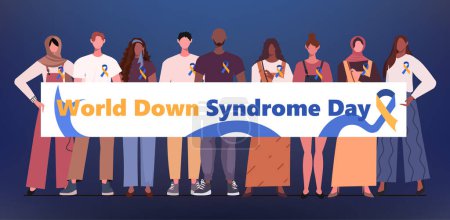 Illustration for World Down Syndrome Day. Diverse people standing together in casual clothes with yellow-blue ribbons holding a poster that reads World Down Syndrome Day. Flat vector illustration isolated on a dark blue background. - Royalty Free Image