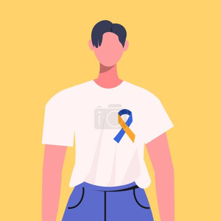 Ilustración de Día Mundial del Síndrome de Down. Retrato de un joven con una cinta azul amarilla. Concepto de salud y medicina. Ilustración vectorial plana aislada sobre fondo amarillo. - Imagen libre de derechos