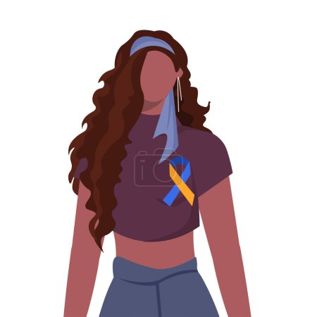 Ilustración de Día Mundial del Síndrome de Down. Retrato de una joven afroamericana moderna en ropa casual con una cinta azul amarilla. Concepto de conciencia del síndrome de Down. Ilustración vectorial plana aislada sobre fondo blanco. - Imagen libre de derechos