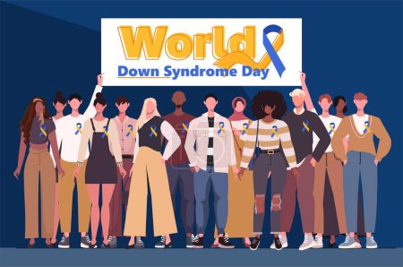 Ilustración de Día Mundial del Síndrome de Down. Jóvenes hombres y mujeres modernos con cintas amarillo-azules sostienen una pancarta en sus manos con la inscripción Día Mundial del Síndrome de Down. Síndrome de Down mes de conciencia. Concepto de salud y medicina. - Imagen libre de derechos