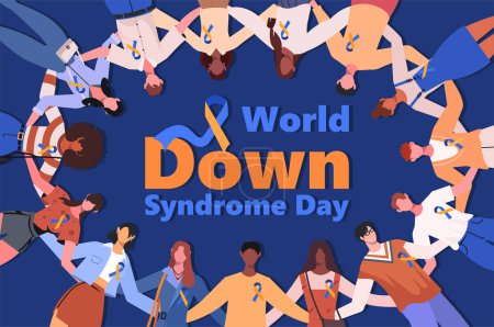 Illustration for World Down Syndrome Day. A group of young people stand  together in a circle with yellow and blue ribbons, hugging each other to show their support for children with Down syndrome and to raise awareness. Flat vector isolated on blue background. - Royalty Free Image