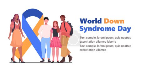 Illustration for March 21 is World Down Syndrome Day. A group of boys and girls stands near a yellow blue ribbon. Down Syndrome Awareness vector illustration. - Royalty Free Image