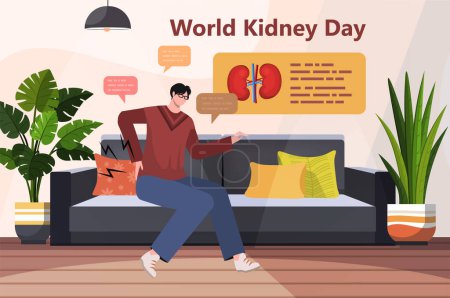Illustration for World kidney day. A young man in casual clothes is sitting on a couch in a living room, holding his back in pain. Kidneys pain, urolithiasis disease. Health care and medicine. - Royalty Free Image