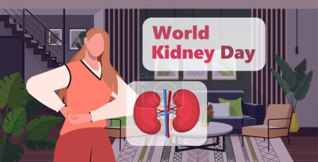 Illustration for World kidney day. Beautiful young woman holding her back at home, suffering from back pain. Kidneys pain. Medical concept. - Royalty Free Image