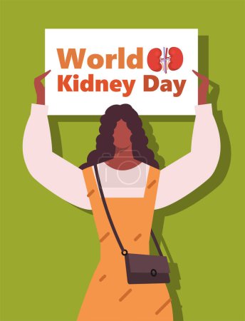 Illustration for World Kidney Day. Young African American woman wearing trendy casual clothing holds a banner in her hands with the inscription World Kidney Day. Flat vector illustration isolated on green background. - Royalty Free Image