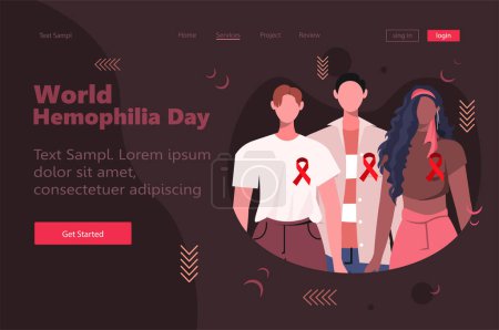 World Hemophilia Day. Young people in casual clothes with red ribbons. Healthcare and medicine concept. Modern concept for website development, social media, template web and mobile application development.