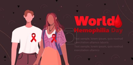 World Hemophilia Day. Portrait of a young modern man and woman with red ribbons in support of people with hemophilia. Awareness Campaign April 17. Flat vector illustration isolated on brown background.