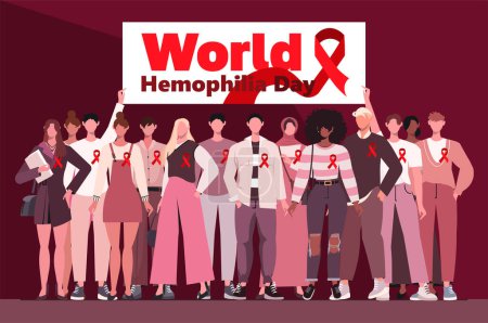 Illustration for World Hemophilia Day. Young modern men and women with red ribbons holds a banner in her hands with the inscription World Hemophilia Day. Healthcare and medicine concept. - Royalty Free Image