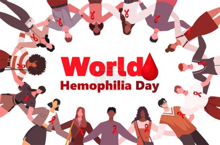 Illustration for World Hemophilia Day April 17. A group of young people stand  together in a circle with red ribbons, hugging each other to show their support for people with hemophilia and to raise awareness. Medical holiday. - Royalty Free Image