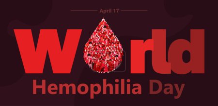 World Hemophilia Day April 17. Group of people in form blood drop. Blood donation concept. Medical holiday. A crowd of male and female characters standing together. Flat vector illustration isolated on brown background.