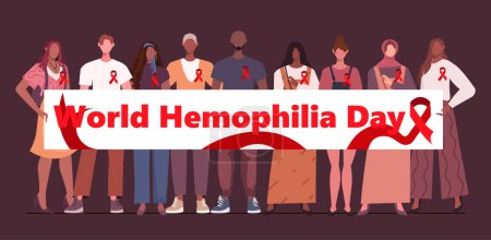 World Hemophilia Day. Diverse people standing together in casual clothes with red ribbons holding a poster that reads World Hemophilia Day. Healthcare and medicine concept. Flat vector illustration isolated on brown background.