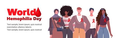 World Hemophilia Day is celebrated each year on April 17. Group of young, modern people dressed in casual clothes with red ribbons. Health awareness vector template for banner, card, poster, background. 