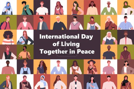 International Day of Living Together in Peace. Set of portraits modern men and women in casual clothes in collage mosaic collection. Collage of large group of people. Flat vector illustration isolated over multicolored background. 