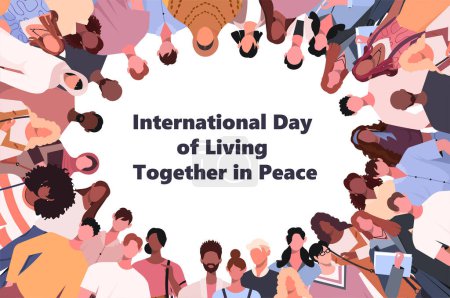 International Day of Living Together in Peace. Young people stand together in a circle A crowd of male and female characters. The concept of support, understanding, unity. Flat vector illustration isolated on white background.