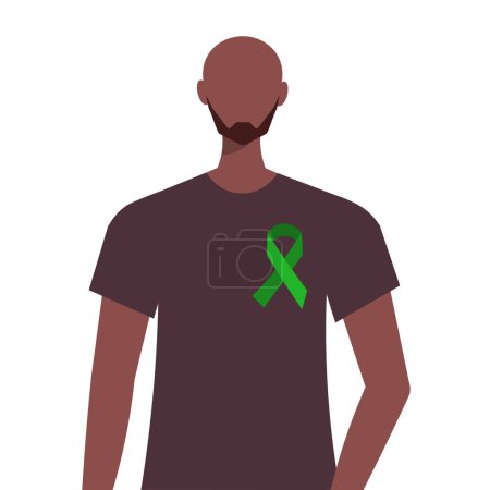 Illustration for Mental Health Awareness Month. Portrait of a young modern African American man with a green ribbon. Healthcare and medicine concept. Prevention campaign. Flat vector illustration isolated on white background. - Royalty Free Image