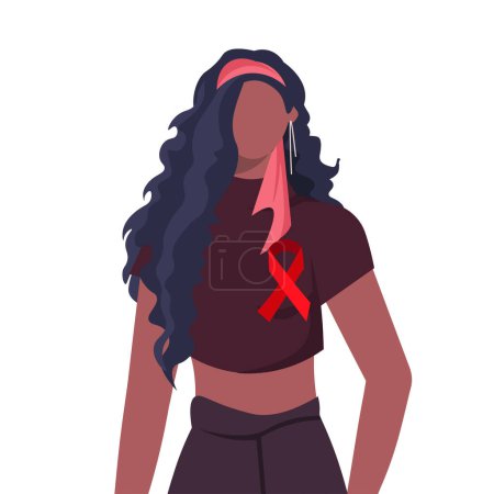 World Hemophilia Day. Portrait of a young modern African American woman in casual clothes with a red ribbon. Healthcare and medicine concept. Flat vector illustration isolated on white background.