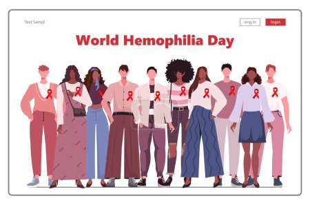 World Hemophilia Day. Different people in casual clothes standing side by side with a red ribbons. Prevention campaign. Modern concept for website development, social media, template web. Vector isolated on white background. 