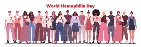 Ilustración de Día Mundial de la Hemofilia. Diverso grupo de gente joven y moderna en ropa casual con cintas rojas. Vacaciones médicas. Una multitud de personajes masculinos y femeninos de pie juntos. Aislado sobre fondo blanco. - Imagen libre de derechos