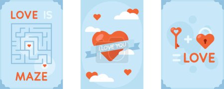 Illustration for Groovy greeting card for Happy Valentines day. Old school vintage style. 70s 80s retro cartoon posters with hearts and lines. Vector lovely illustration in blue white pink red colors - Royalty Free Image