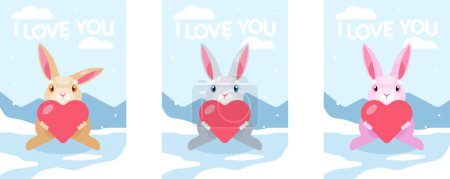 Illustration for Groovy greeting card with cute bunny for Happy Valentines day. Old school vintage style cartoon posters with hearts and lines. Vector lovely illustration in blue white yellow violet pink red colors - Royalty Free Image