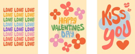 Illustration for Groovy greeting card for Happy Valentines day Y2K vintage style. 70s 80s retro cartoon posters with hearts and lines Vector lovely illustration in blue white yellow violet pink red funky colors - Royalty Free Image